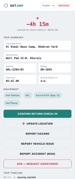 Driver app showing an active trip in critical SOS status